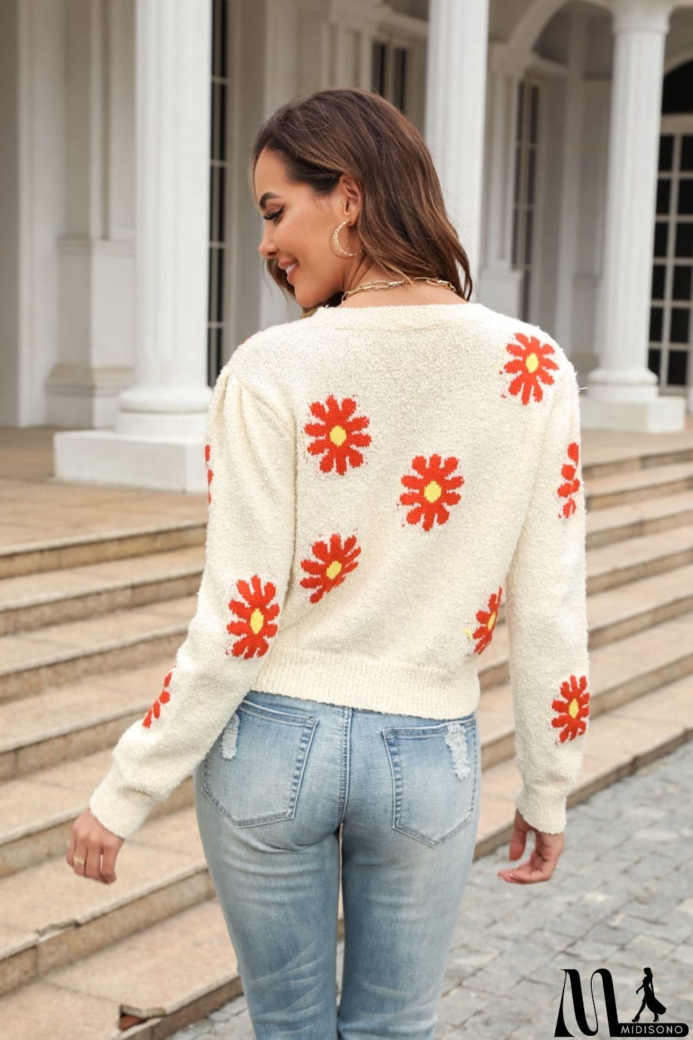 MidiSono - Flower Pattern Round Neck Short Sleeve Pullover Sweater