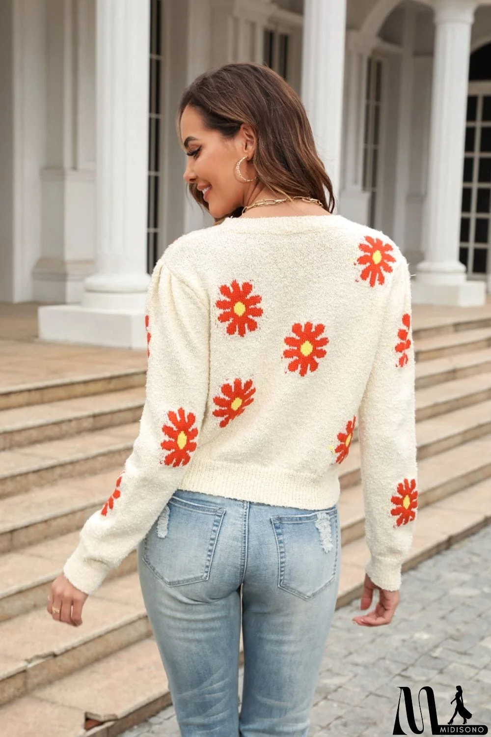 MidiSono - Flower Pattern Round Neck Short Sleeve Pullover Sweater