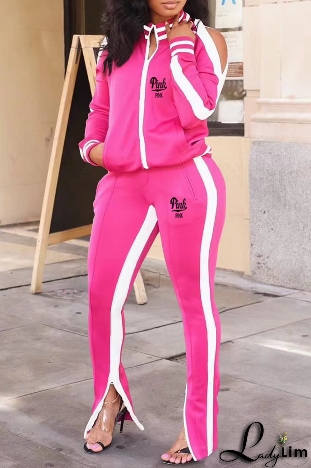 Black Yellow Casual Print Slit Zipper Collar Long Sleeve Two Pieces