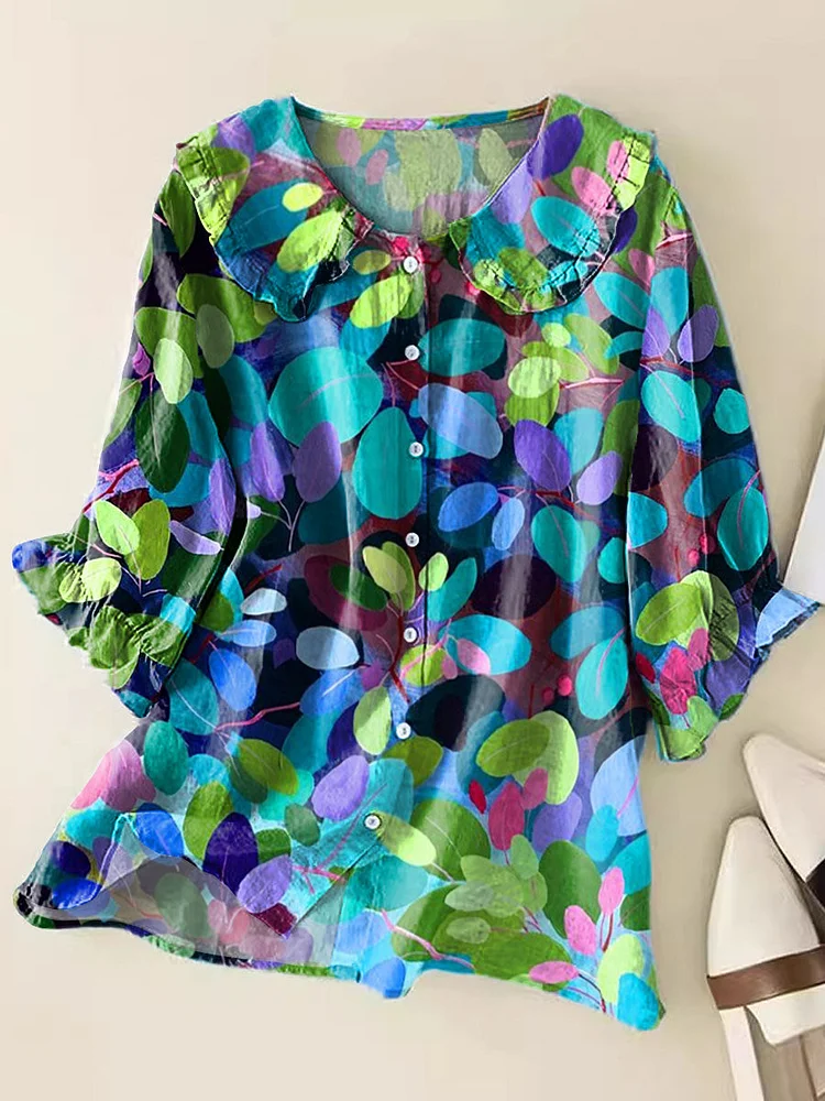 Women's Vintage Floral Art Print Casual Peter Pan Collar Cotton Shirt