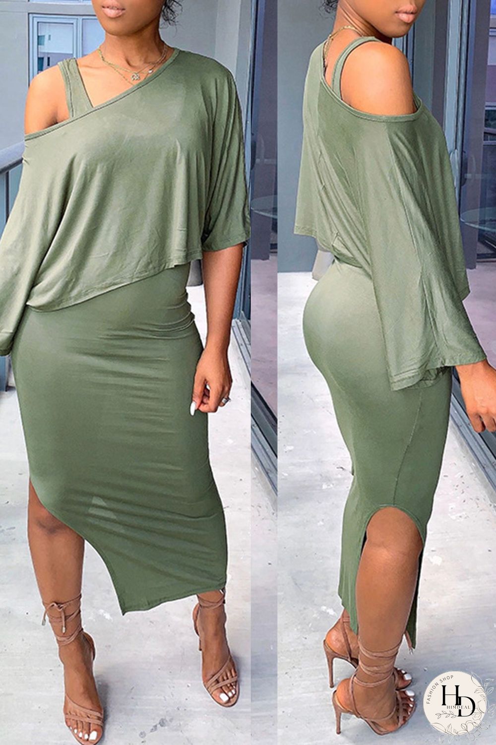 Black Fashion Casual Solid Slit O Neck Half Sleeve Two Pieces