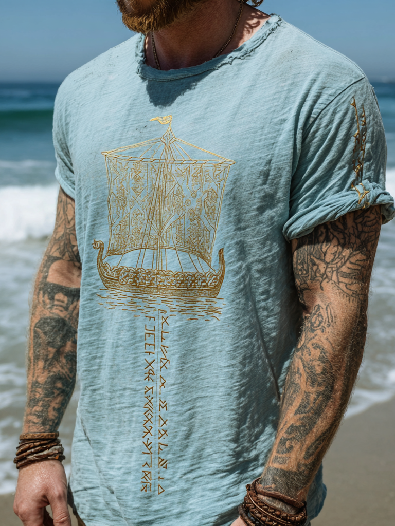Men's Vintage Coastal Linen T-Shirt –  Gold Longship & Rune Design / Rvogue / Rvogue