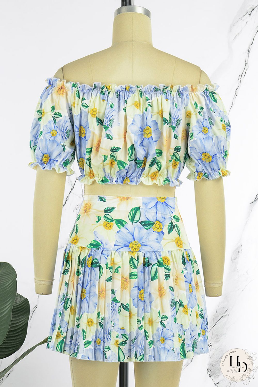 Tangerine Red Sexy Print Patchwork Off the Shoulder Short Sleeve Two Pieces