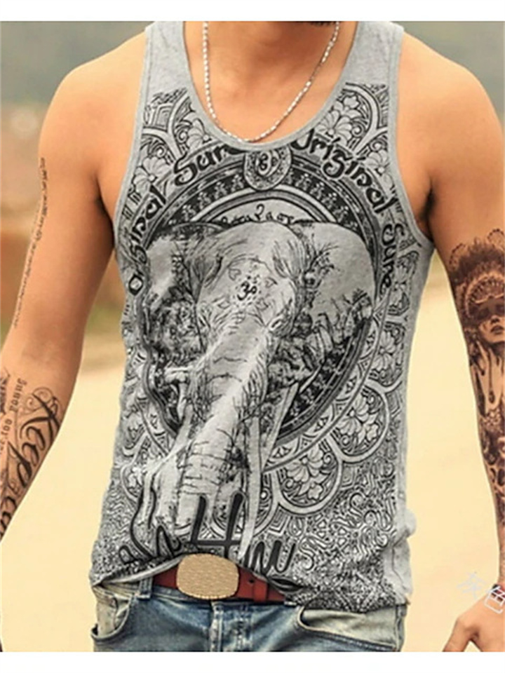 Fashion Street Men's Summer Crew Neck Tank Top 3D Elephant Print Sweat Wicking Sports Top