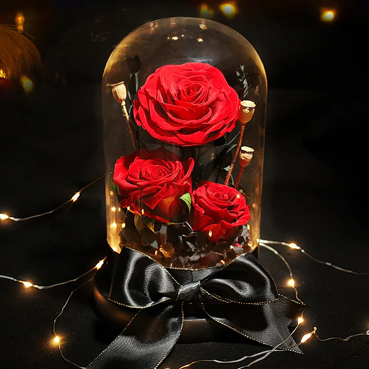 Triple Red/Blue Everlasting Rose with Ribbon in Glass Dome