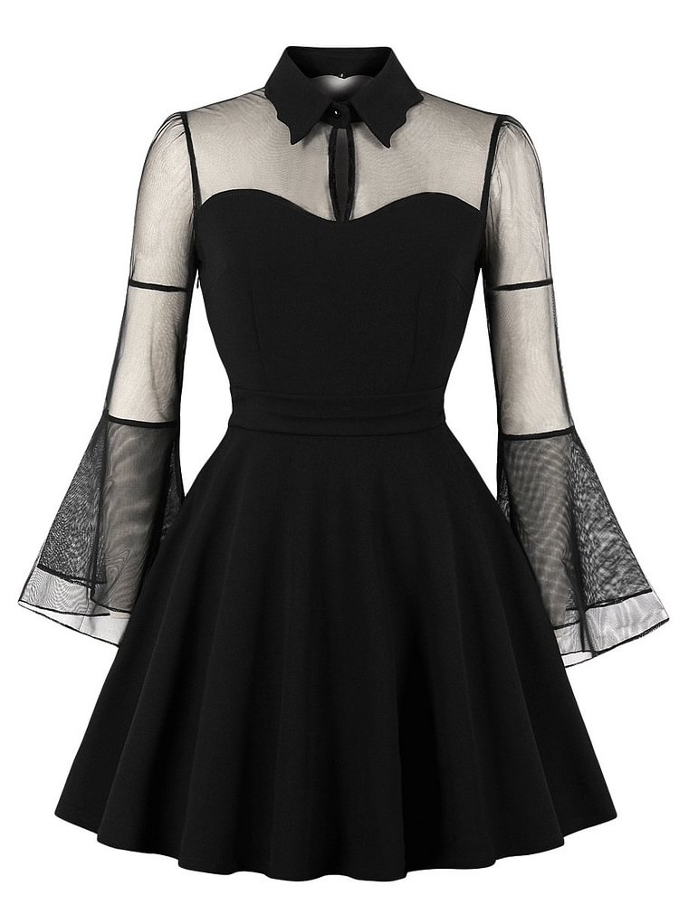 Mayoulove Vintage Dress Mesh Patchwork Turn Down Collar Flare Sleeve Dress-Mayoulove