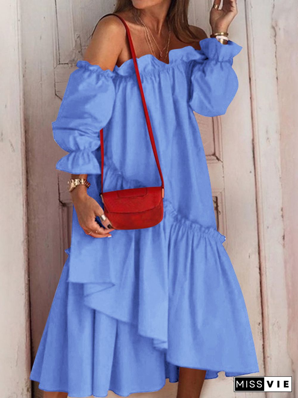 VONDA Summer Robe Sexy Off Shoulder Party Dress Women Long Sleeve Irregular Hem Lace Pleated Bohemian Beach Midi Sundress