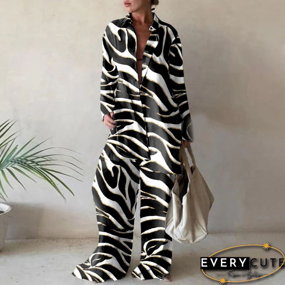 Summer Fashion Printed Loose Long Sleeves Shirts Straight Pants Two Piece Suits New Streetwear Women's Winter Elegant Commuting