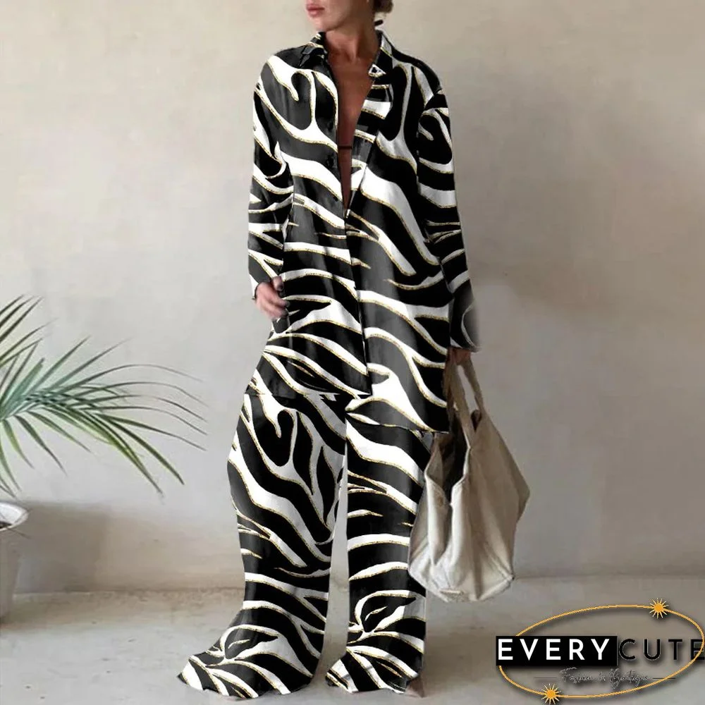 Summer Fashion Printed Loose Long Sleeves Shirts Straight Pants Two Piece Suits New Streetwear Women's Winter Elegant Commuting