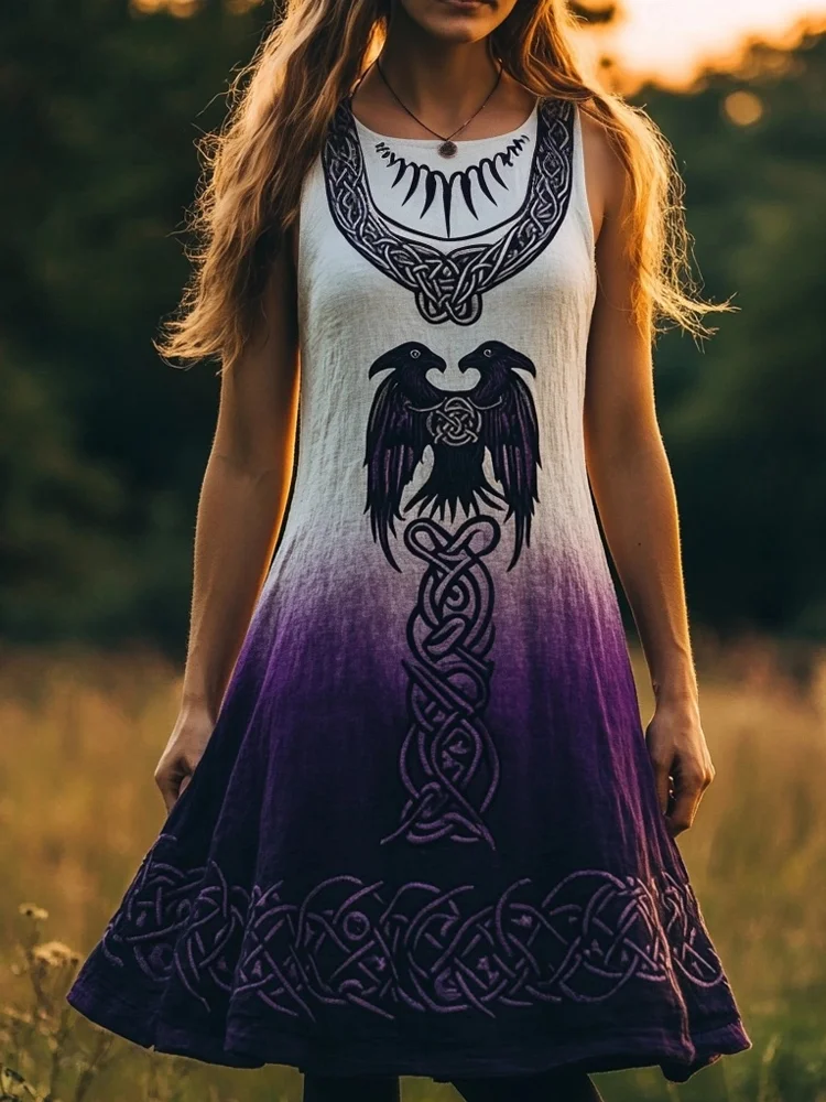 Mystical Viking Raven Embroidered Linen Tank Dress