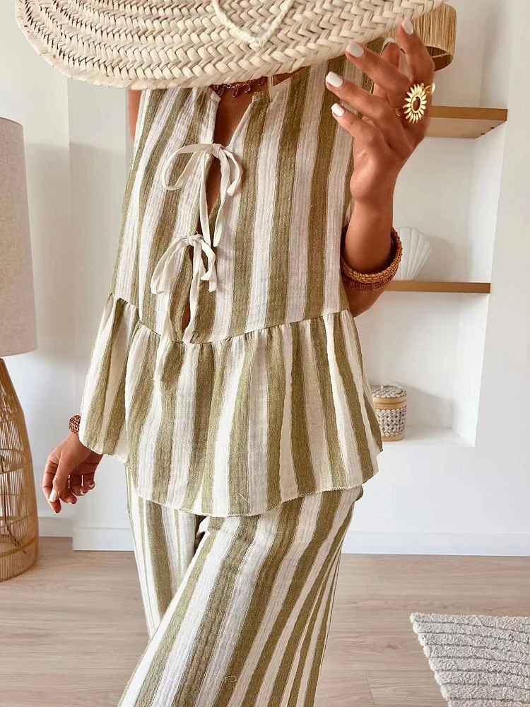 Tie Striped Vest Top Casual Pants Set