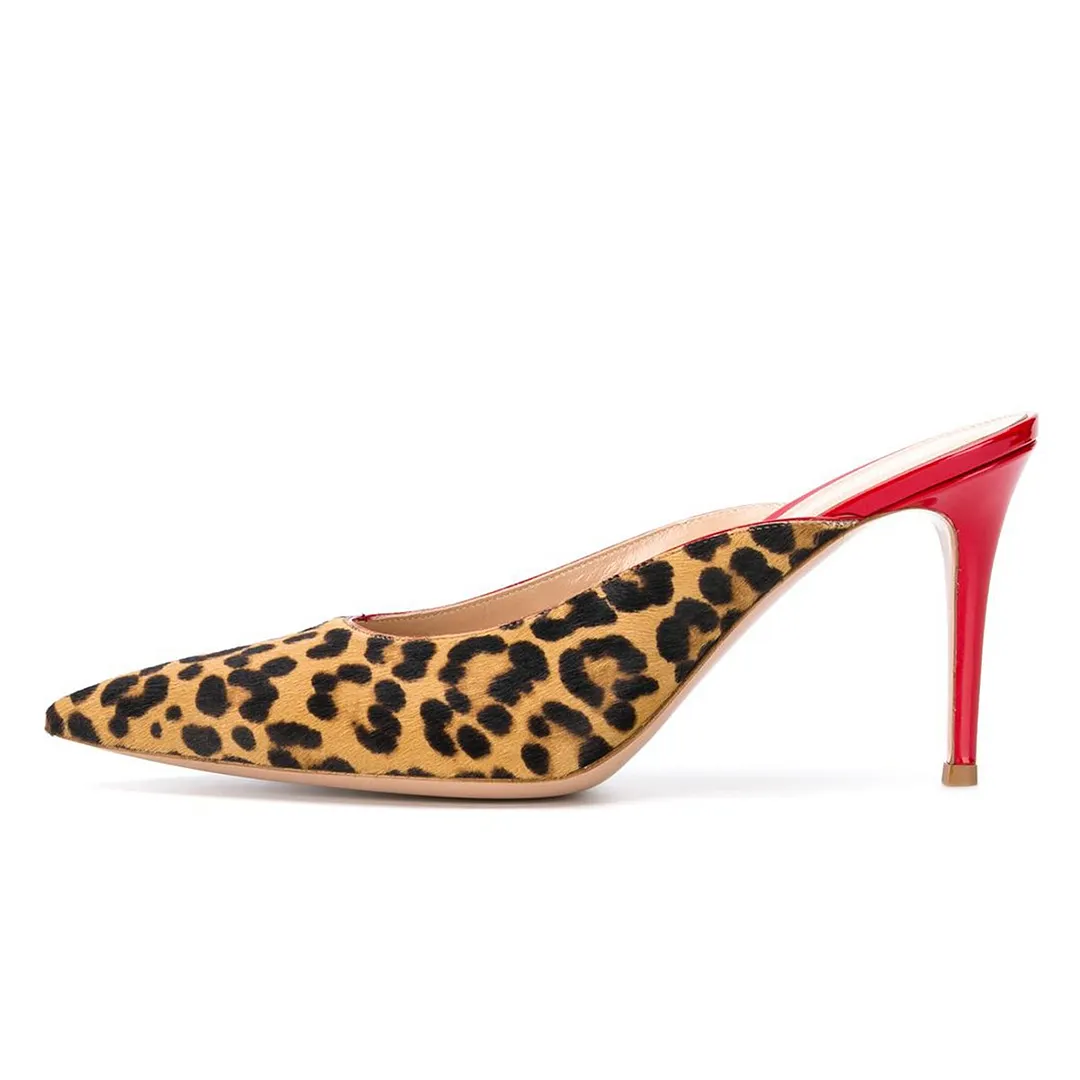 Vegan Suede Leopard Print Pointed Toe Mules Shoes with Stiletto Heels