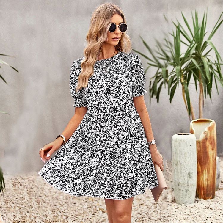 O-neck Beach Floral Puff Sleeves Bohemian Fashion A-line Casual Dress