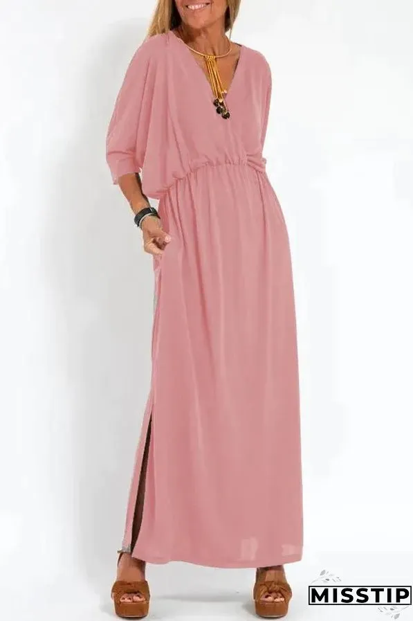 Ultimate Comfort Elastic Waist Half Sleeve Pocketed Slit Maxi Dress