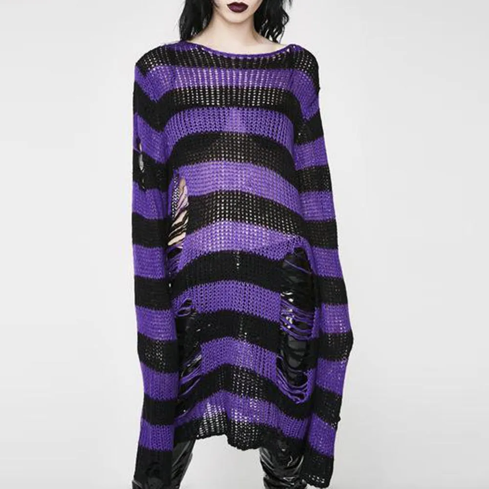 Halloween 200 Gothic Knitted Sweater Women Long Pullovers Striped Loose Winter Ripped Plus Size Sweaters Jumpers Mujer Jersey 924