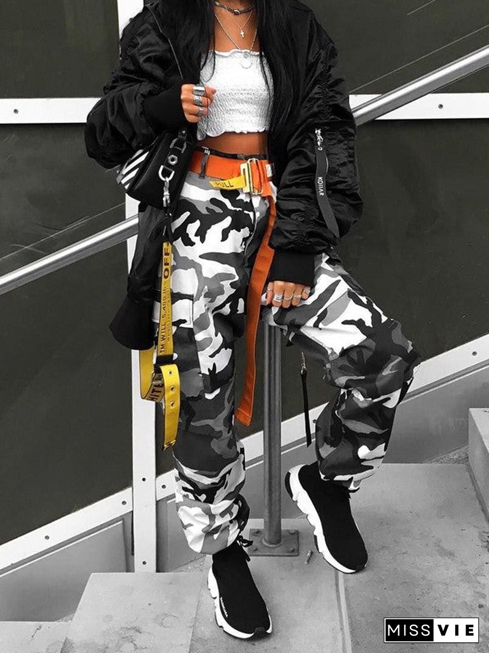 High Waisted Camouflage Cargo Trousers Camo Pants