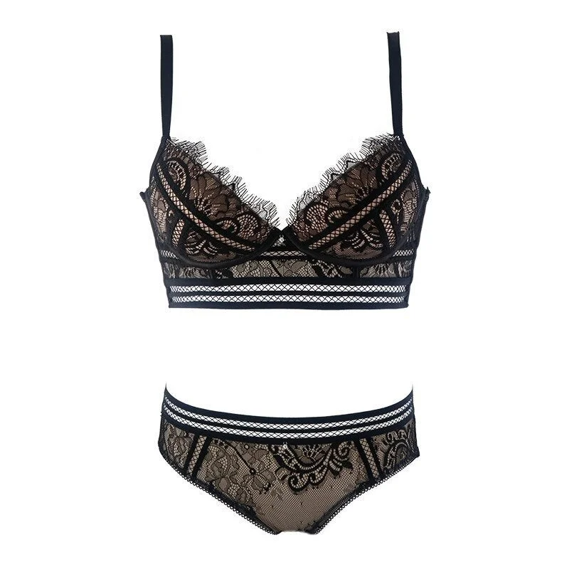 Eyelashes lace large size underwear set women sexy breasts big bra gathered retro lingerie wire free comfortable underwear