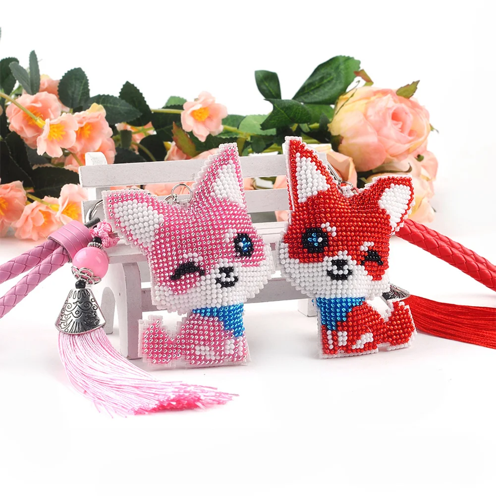 2Pcs Red Pink Fox - Stamped Bead Embroidery - Keychain