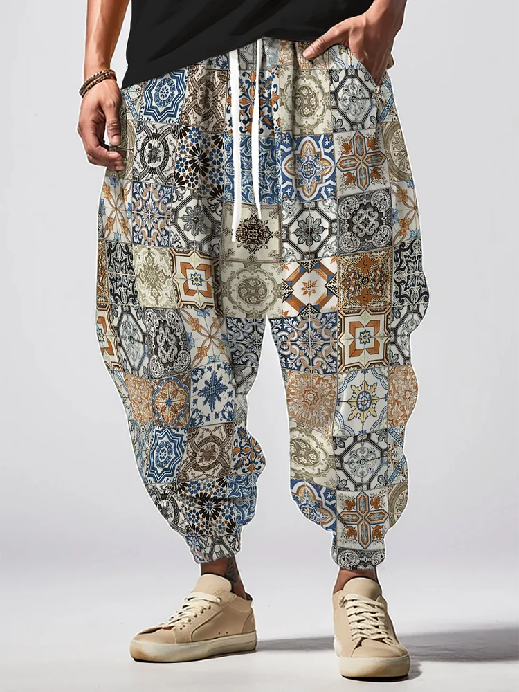 Men's South Asian Style Pattern All Over Print Loose Drawstring Waist Sweatpants