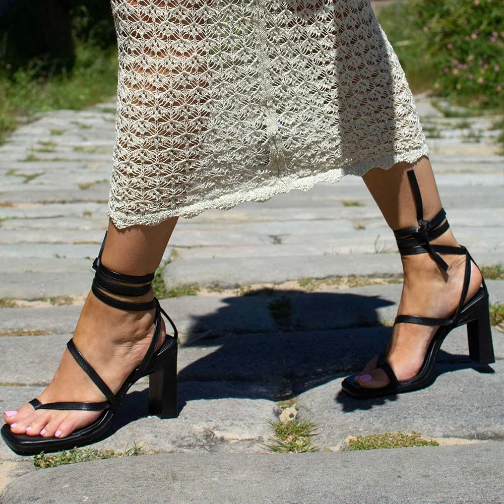 Classic Black Square Toe Chunky Heel Ankle Strap Lace Up Sandals