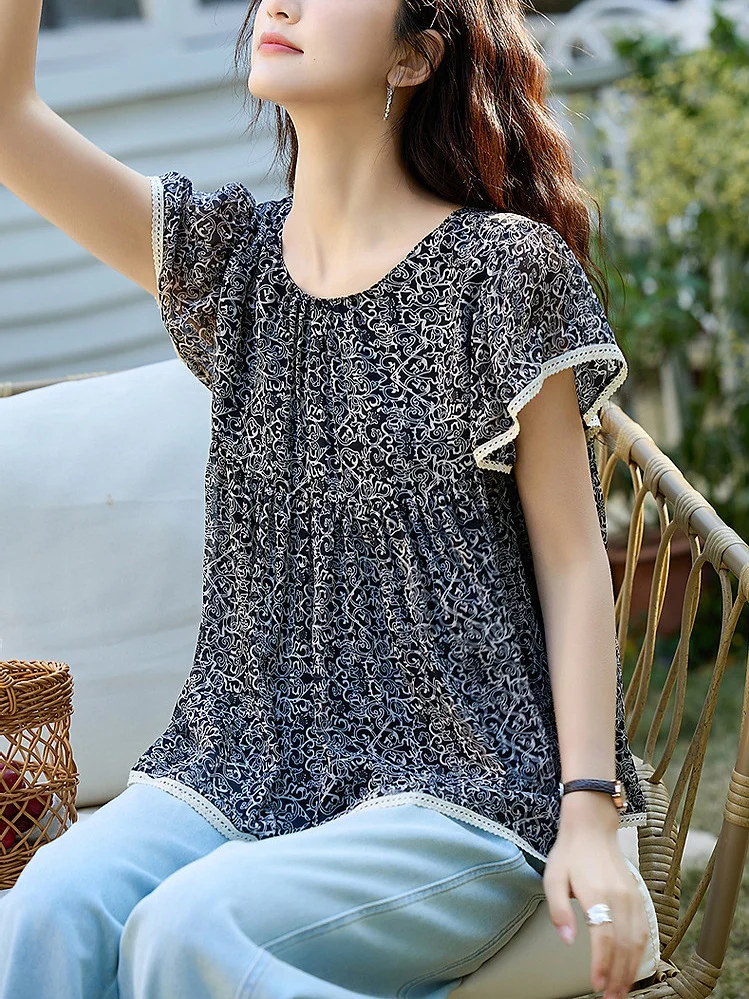 Athvotar Athvotar The Age Of Small Broken Flowers Leaves Side Short Sleeve Dolls Holiday Chindal Shirt Women Summer Belly Cover Tops High-End Shirt