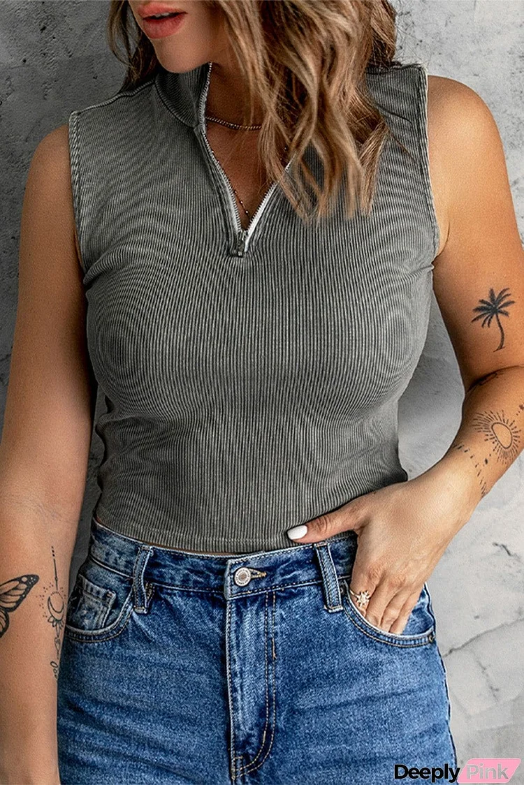 Zip-up Ribbed Cropped Tank Top