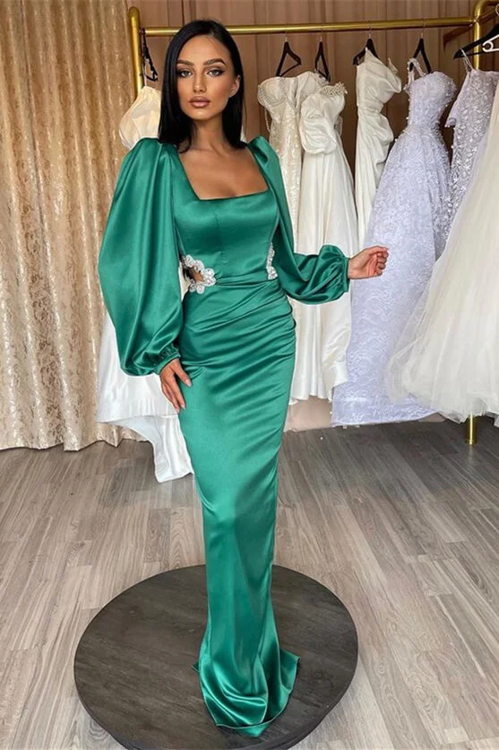 Gorgeous Green Long Evening Dress Prom Dress Long Sleeves Square