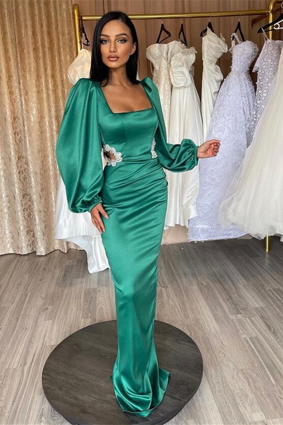 Gorgeous Green long evening dress prom dress long sleeves Square Hollowing out With Rhinstone