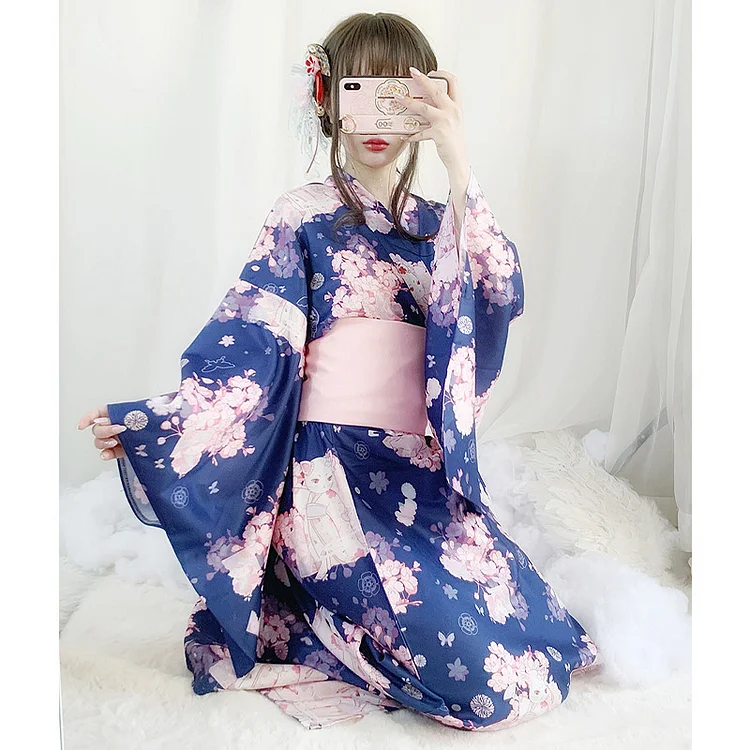 Vintage V-Neck Cat Sakura Print Kimono Dress - Modakawa Modakawa