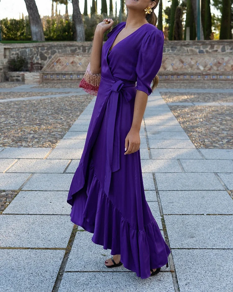 Elegant Solid Ruffle Hem Long Dress