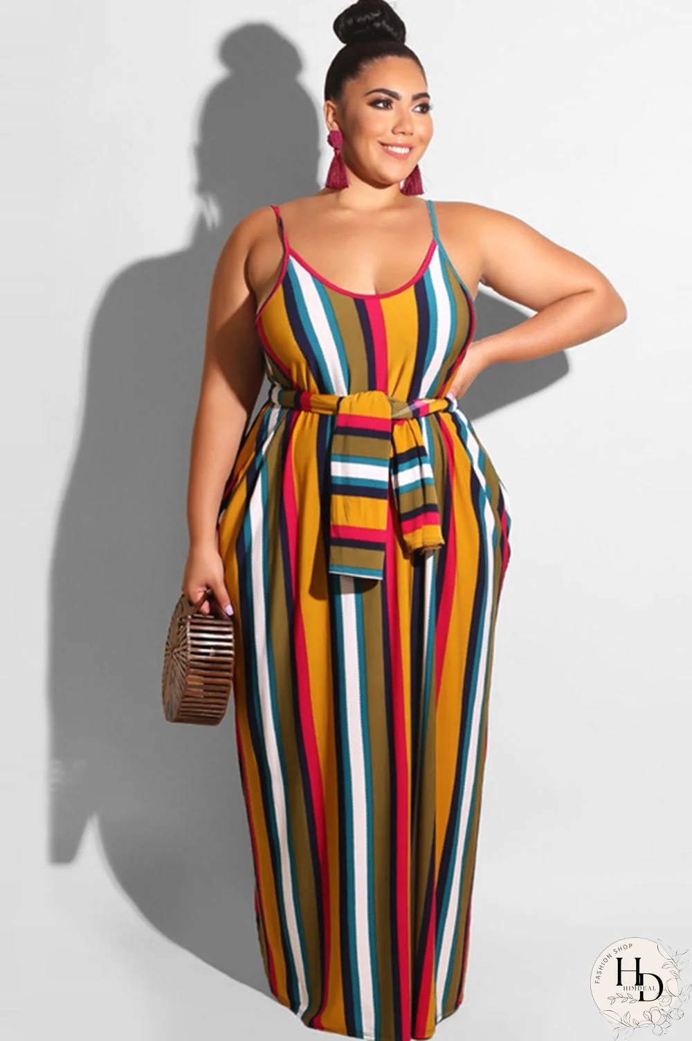 rose red Polyester Sexy O Neck Bandage Striped Print