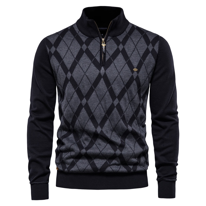 Men's Argyle Cotton Mock Neck Zipper Pullover Quality Warm Sweater | ARKGET