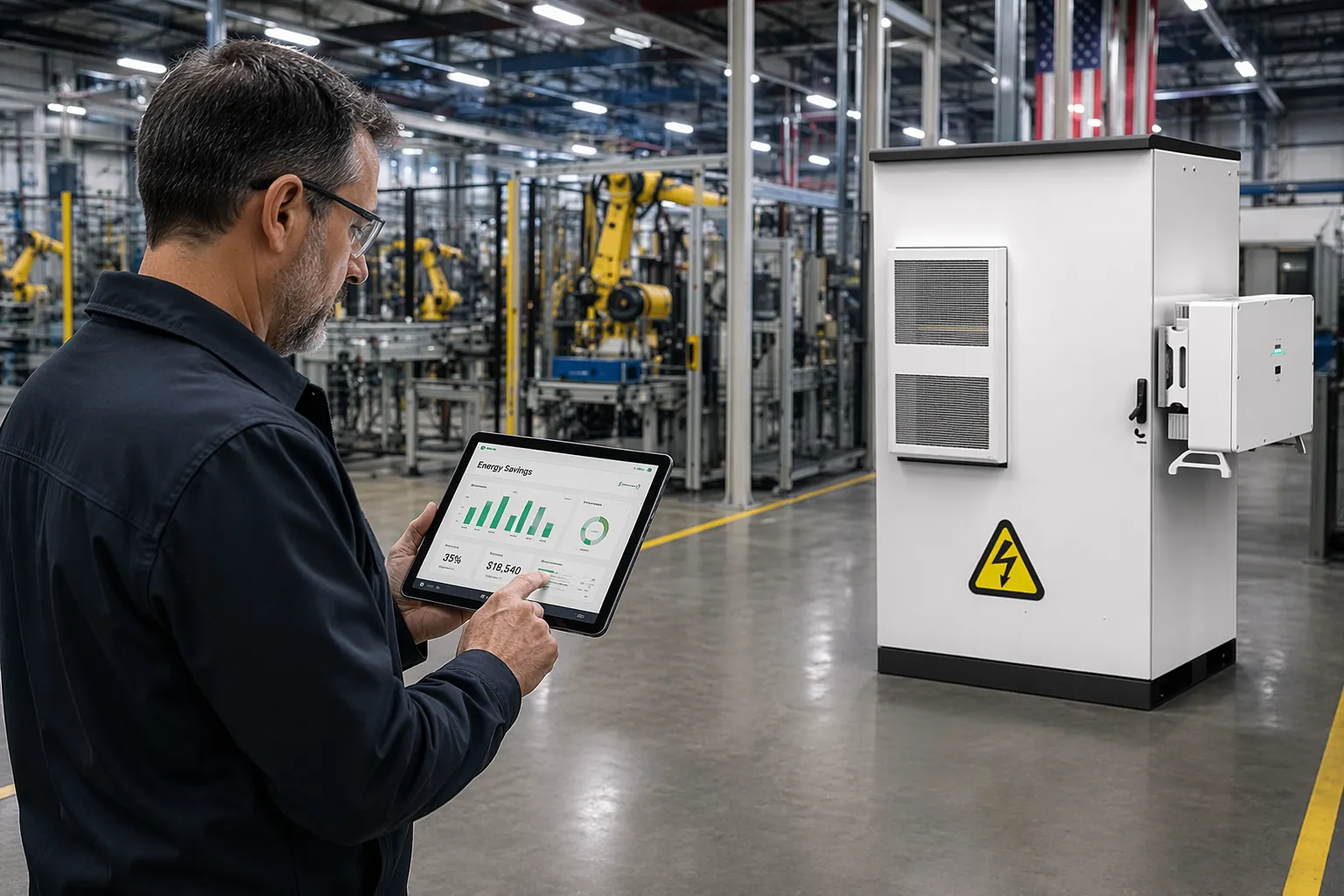 Factory manager reviewing live energy dashboard on tablet inside California plant
