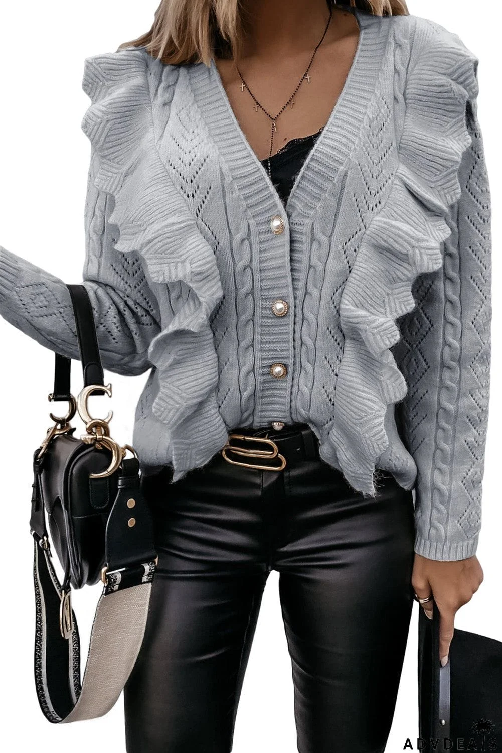 Ruffled Buttoned Open Front Knitted Sweater