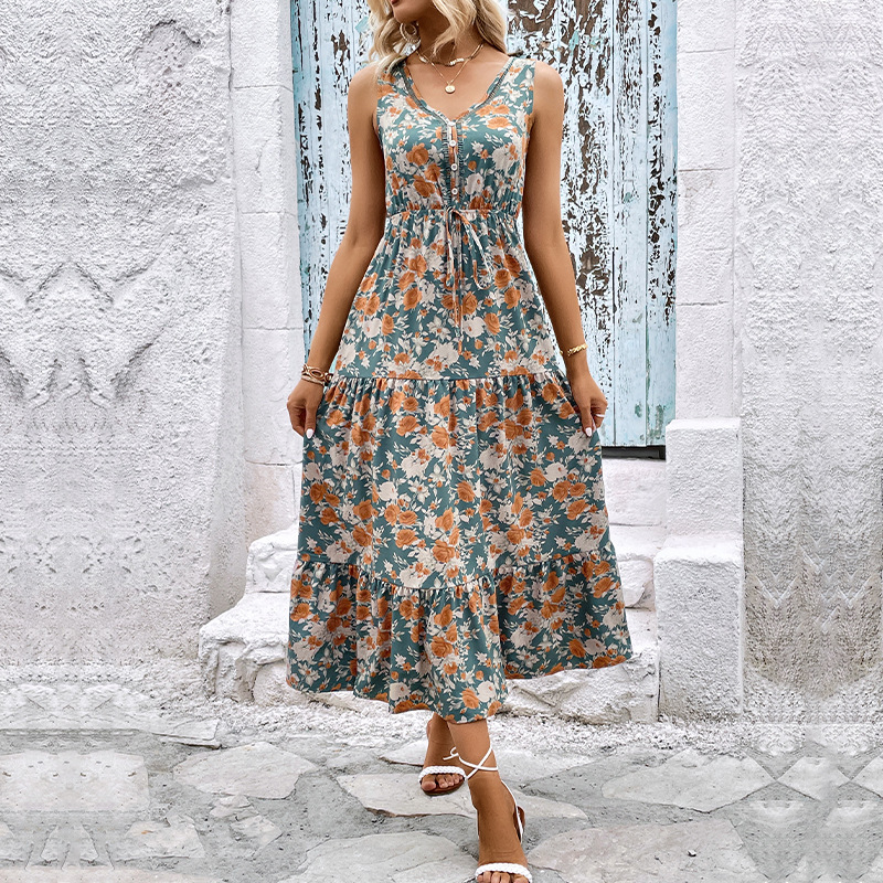 Elegant Floral Print Dress For Women Fashion  Bohemian Style Sleeveless Button Vestidos Female Casual V-neck A-line Dresses