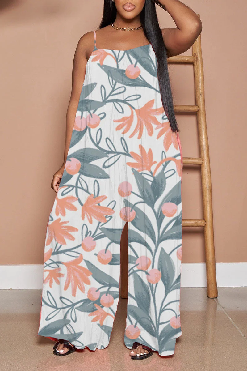 Casual Print Split Joint Spaghetti Strap Straight Jumpsuits