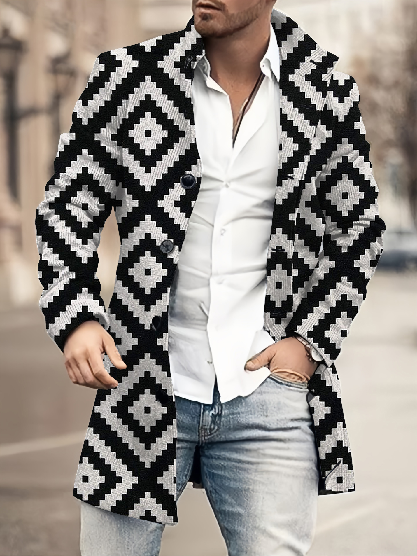 Men's fashion geometric print mid-length coat 017