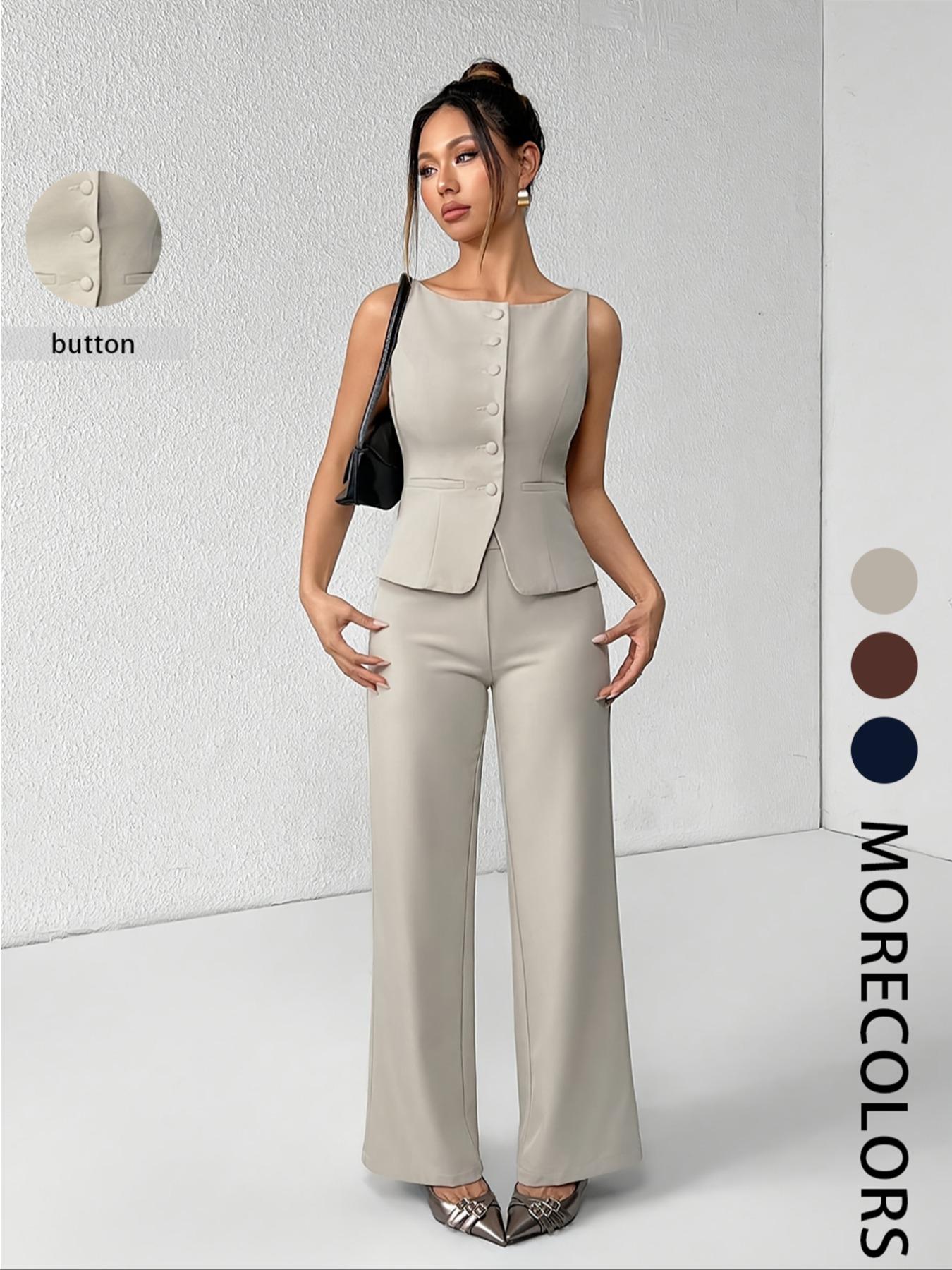 Women's Solid Button Front Sleeveless Tank Top & Wide Leg Pants Set, Casual Elegant Chic Minimalist Fashion Two-piece Set for Summer, Women's Clothing for Daily Wear, Suits, Office Siren Outfits, Casual Matching Set, Corporate Outfits Women