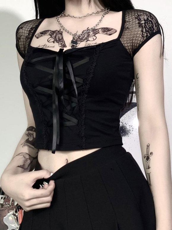 Women Black Gothic Shirt Sexy Cotton Top Square Neck Short Sleeve Top Novameme