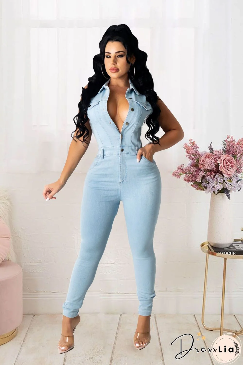 Plus Size Women Turn Down Collar Sleeveless Vintage Streetwear Bodycon Stretch Pencil Pants Denim Jumpsuit