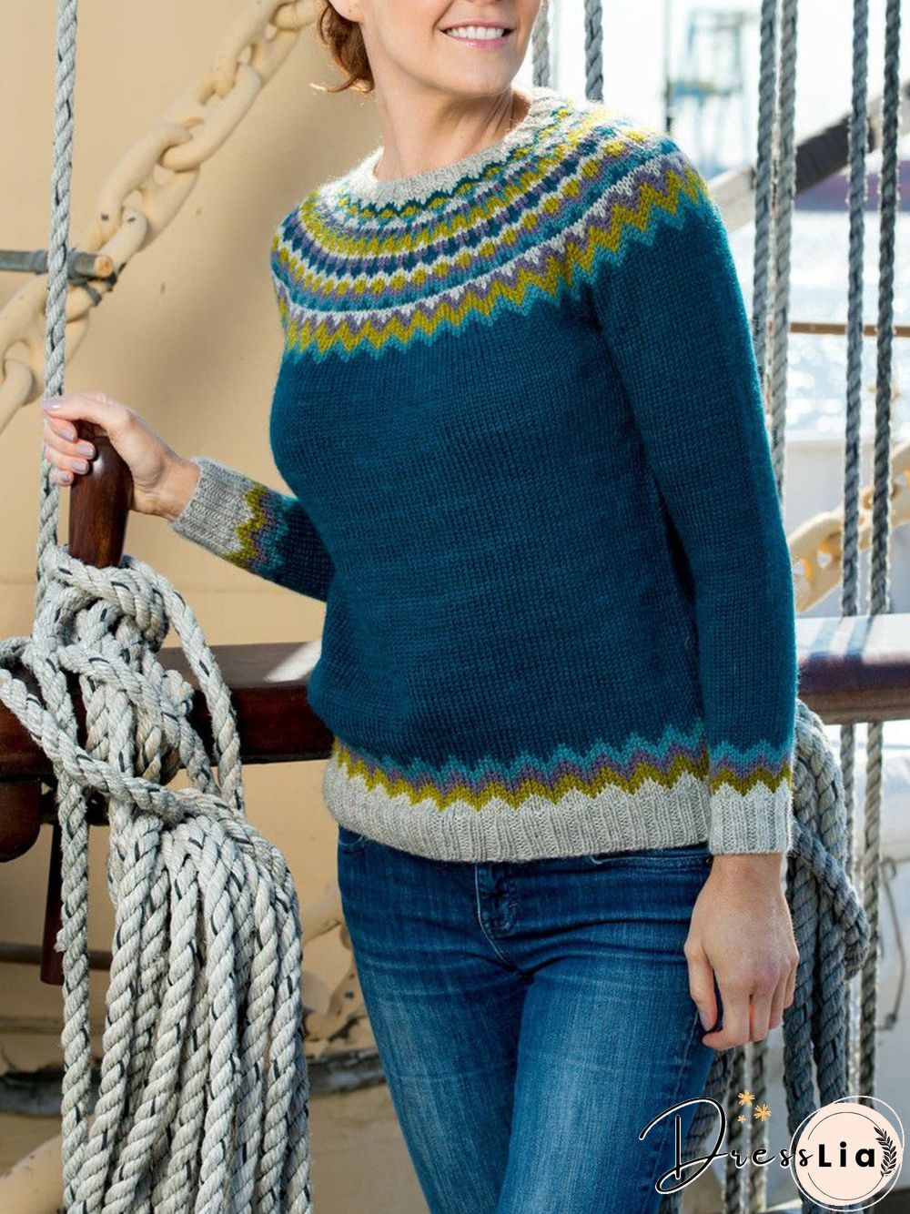 Women Vintage Ethnic Winter Polyester Micro-Elasticity Daily Plus Size Long sleeve Crew Neck Sweater