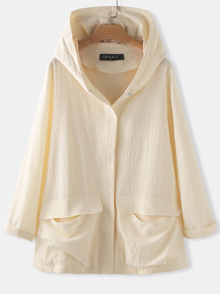 Solid Color Pockets Long Sleeve Thin Cotton Casual Hooded Jackets