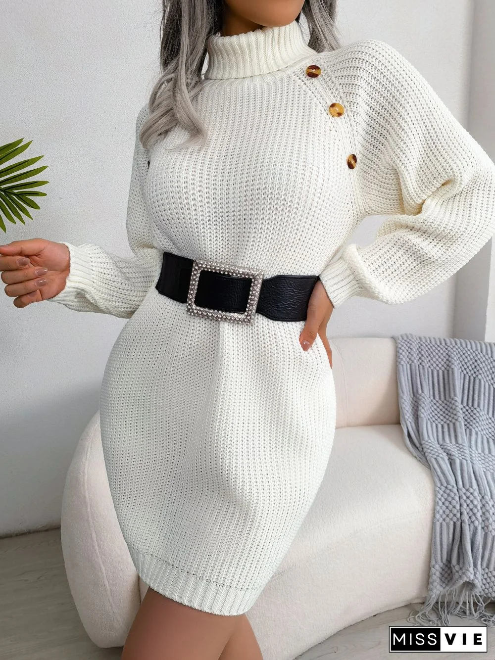 Casual Button Turtleneck Long Sleeve Bottom Sweater Dress