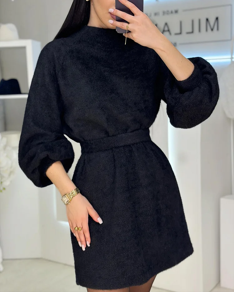 Women's Long Sleeve Round Neck Black Mini Dress
