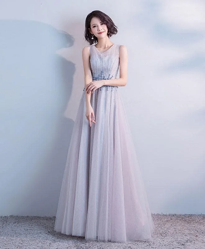 Gray Round Neck Tulle Long Prom Dress, Evening Dress