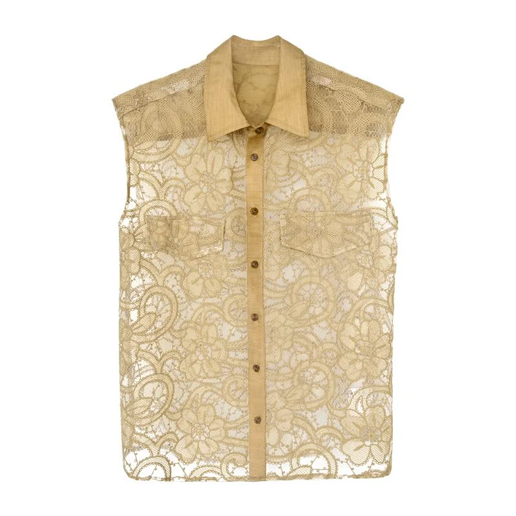 Elegant Solid Color Lapel Patchwork Hollow Out Lace Single-breasted Sleeveless Shirt             