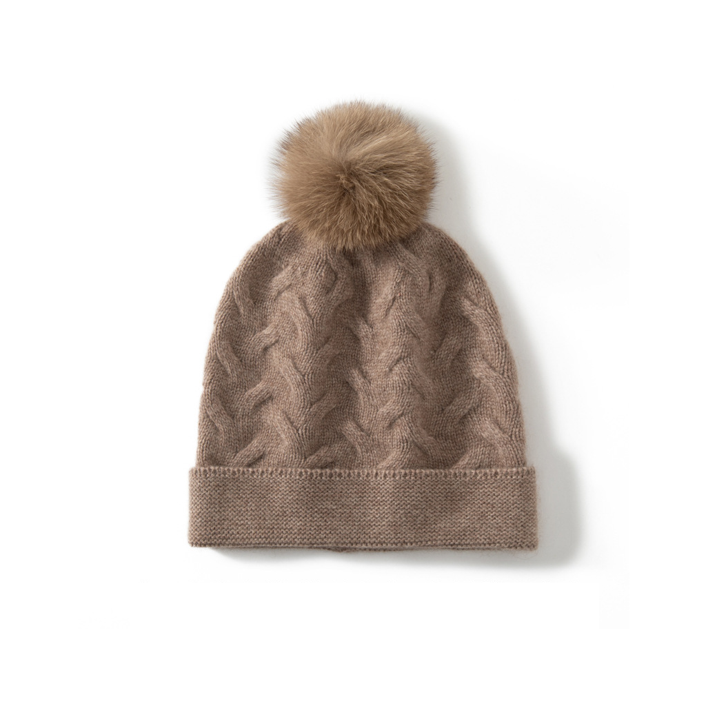 100% Cashmere Beanie with Pom Pom Simple Style REAL SILK LIFE