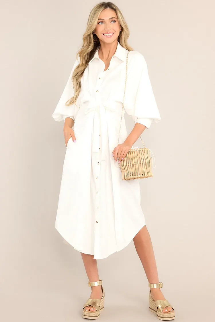 Picnic Perfect White Button Front Midi Dress