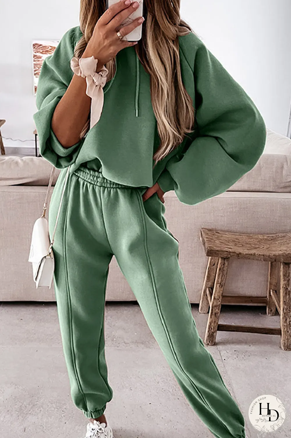 Street Solid Split Joint Draw String Hooded Collar Long Sleeve Two Pieces(5 colors)