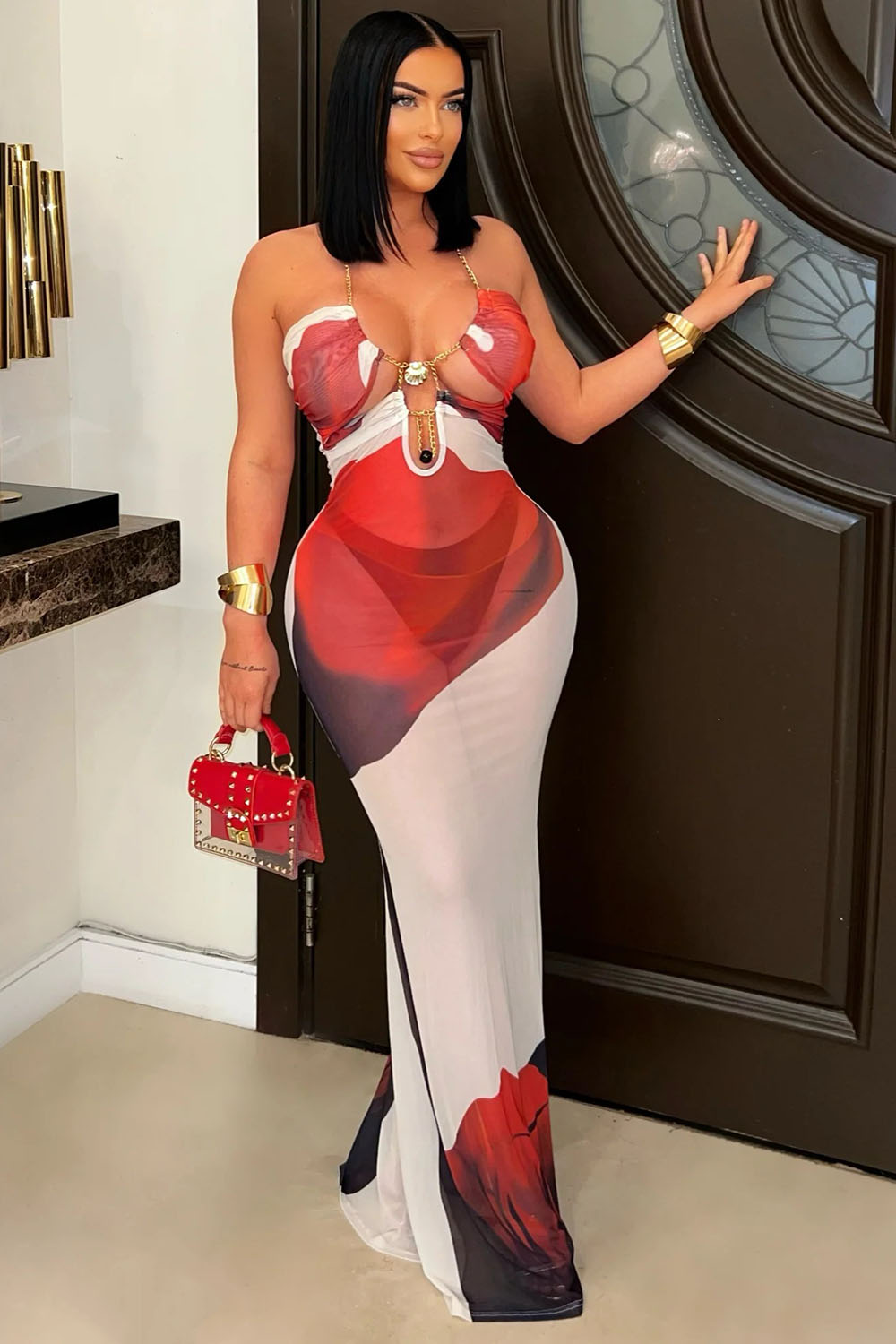 Halter Rhinestone Print Semi-Sheer Slim Party Maxi Dresses-Red [Pre Order]